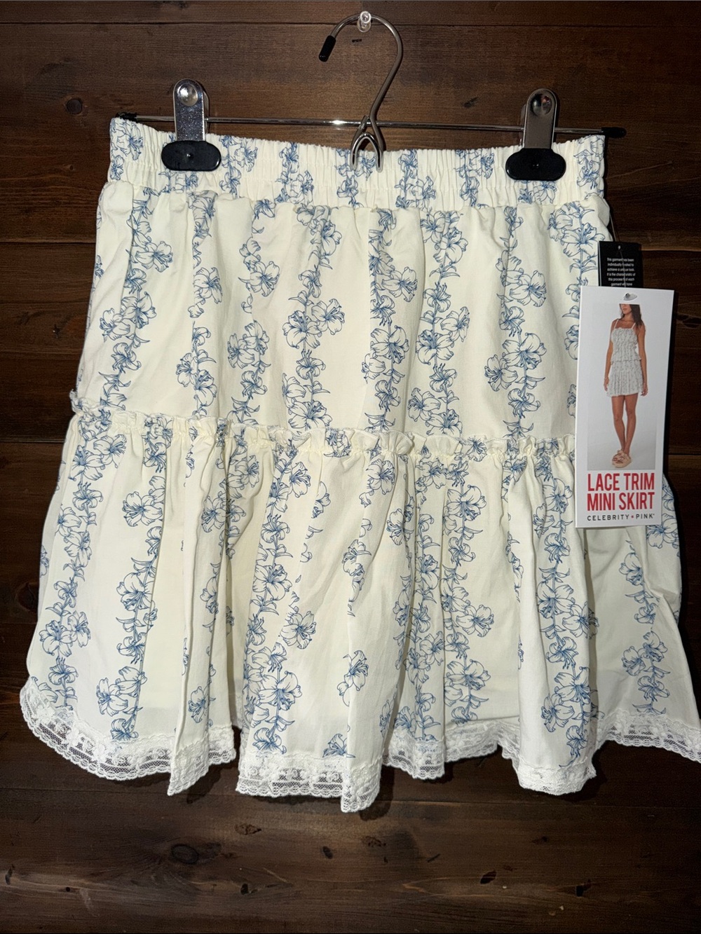 Celebrity Pink Cream Mini Skirt with Blue Floral Print